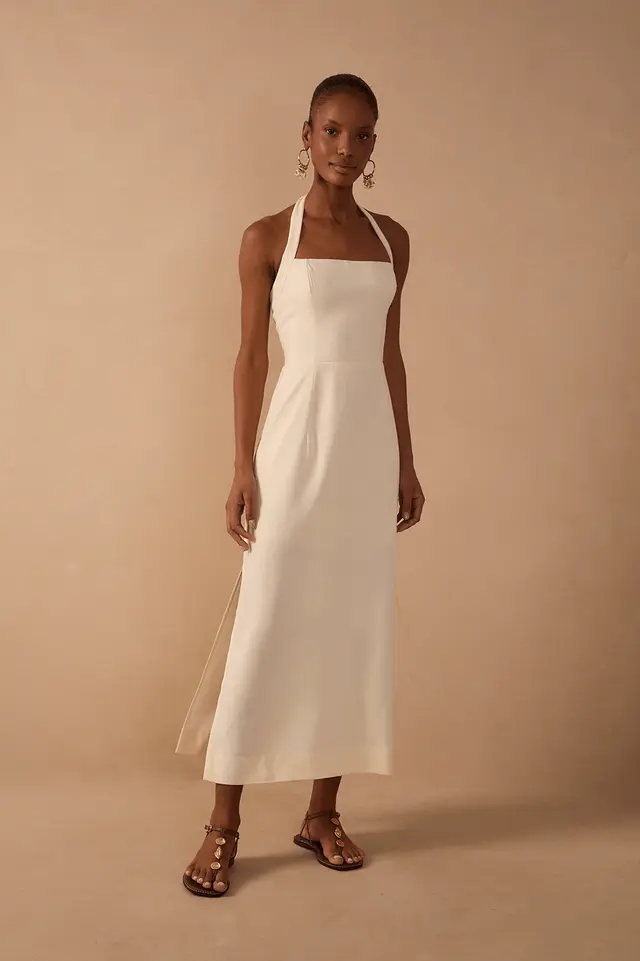 Vestido Midi Linho Amarração Pescoço